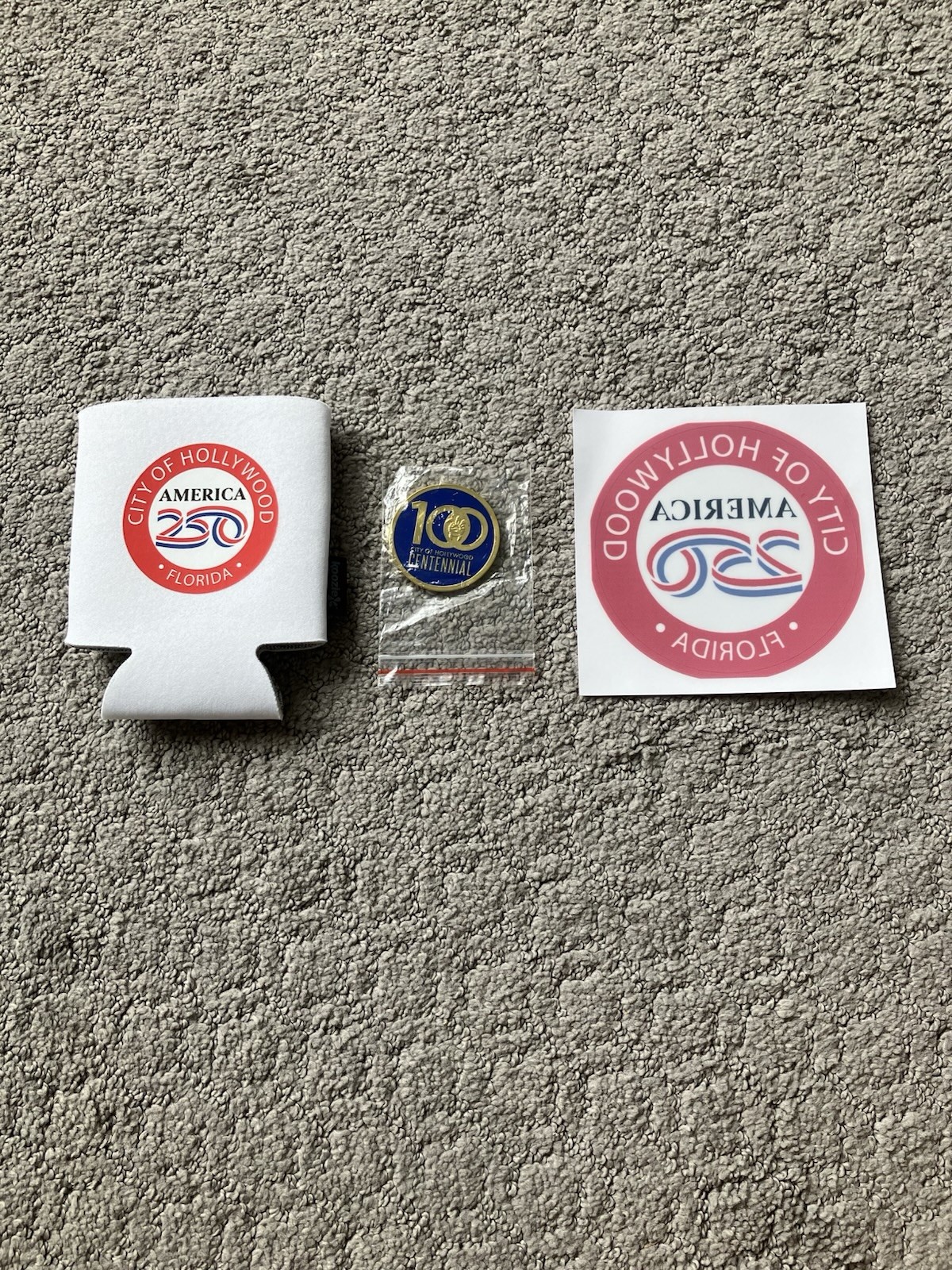 City of Hollywood Florida: Centennial Gold Coin, America 250 Koozie & Sticker
