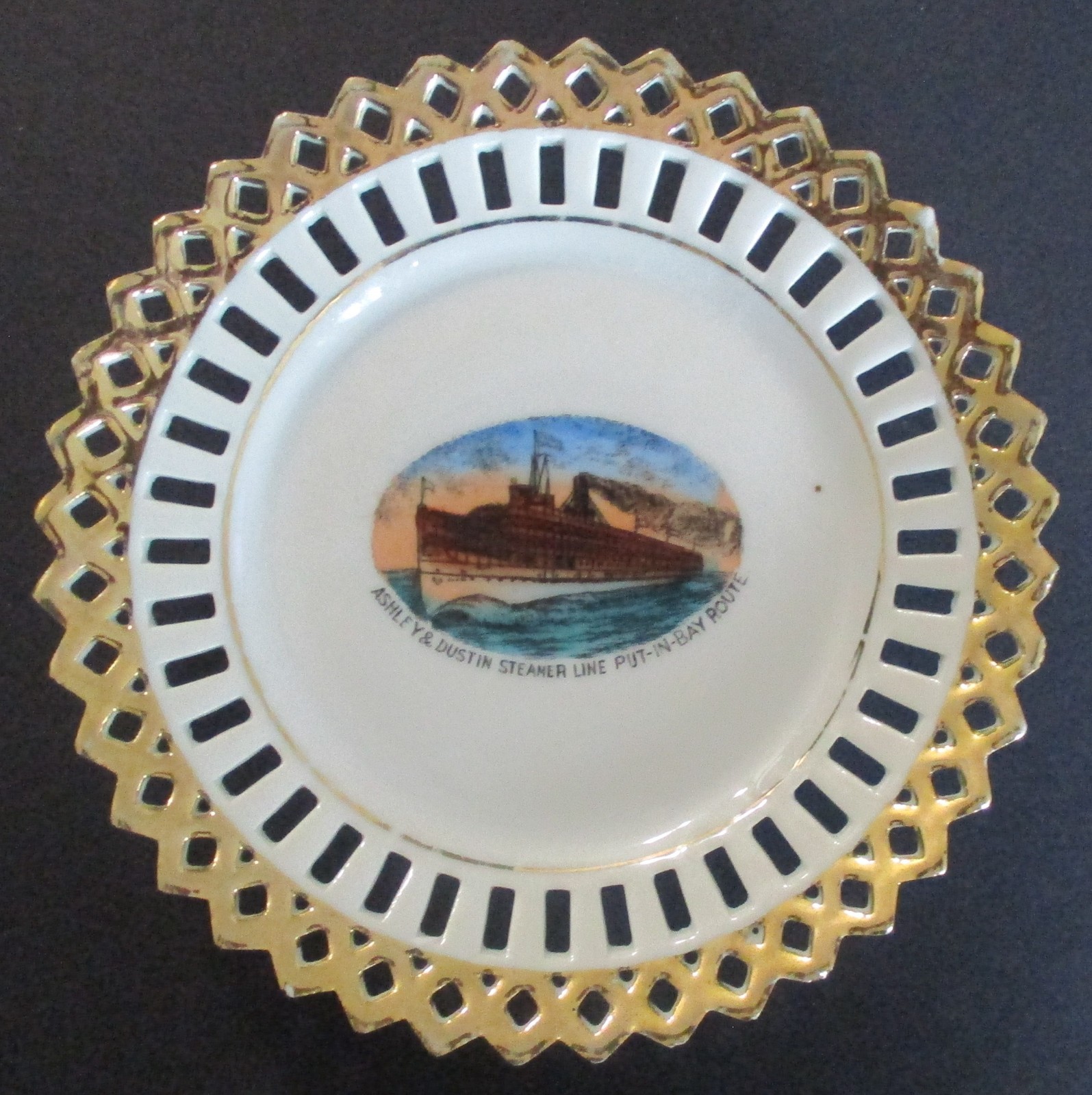 Early 20th Century Souvenir Ribbon Dish Ashley & Dustin Steamer Put in Bay Route
