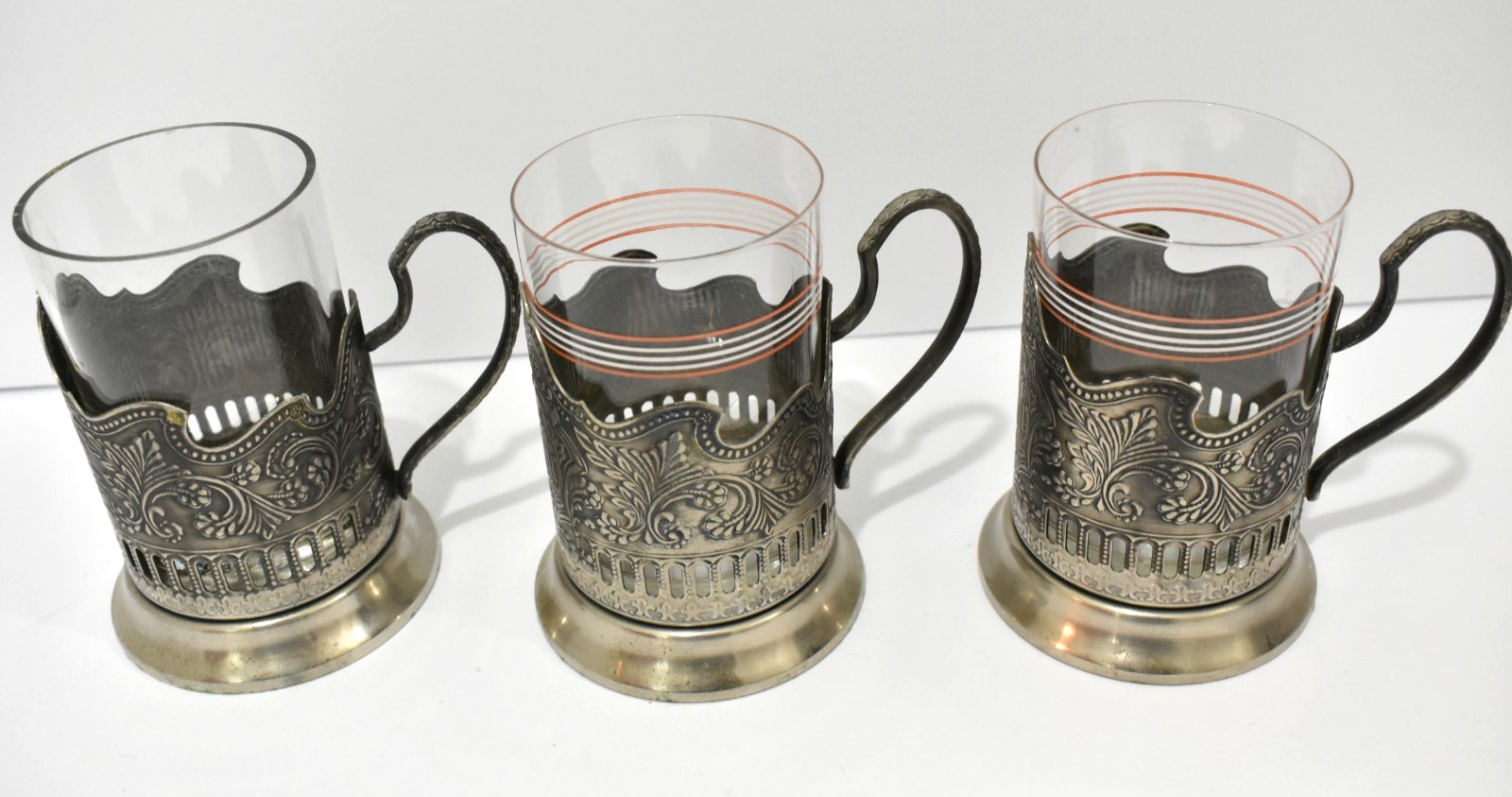 Set Of 3 Glass Holders PODSTAKANNIK Melchior Tea Cups Soviet Russian Palm.