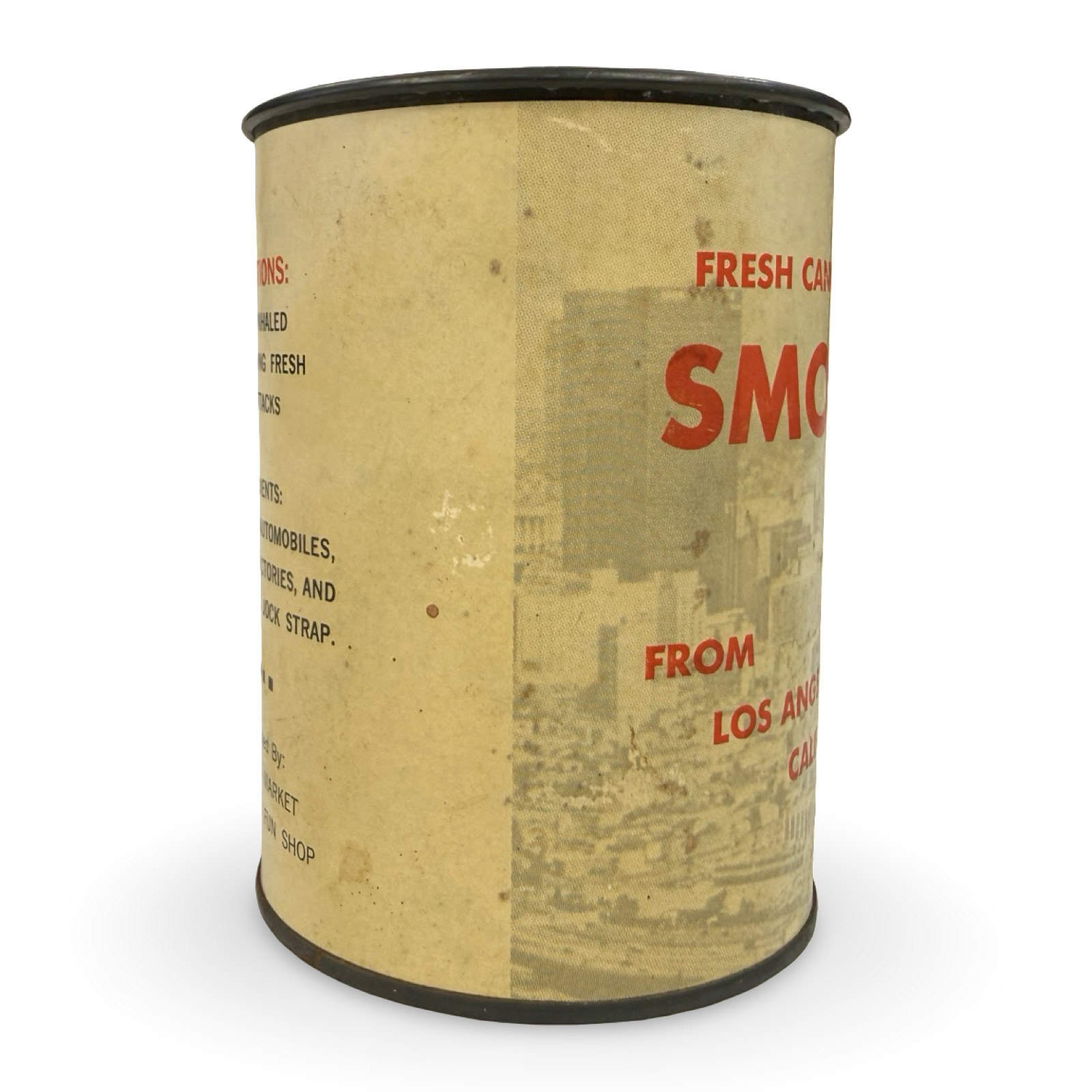 Vintage 1950s Los Angeles Fresh Canned Smog Gag Gift Novelty Tin Can Souvenir