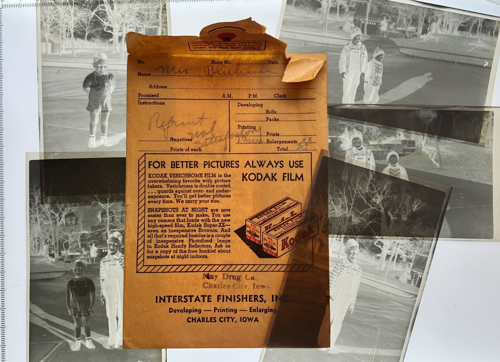Charles City Iowa Photograph Negatives And Envelope Interstate Finishers IA