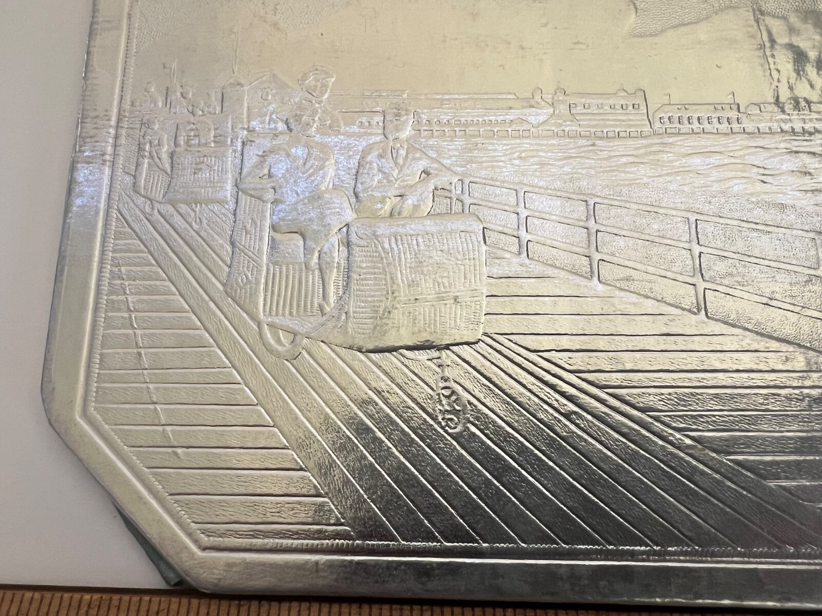 VINTAGE ATLANTIC CITY 1930’s STEEL PIER BOARDWALK EMBOSSED SILVER FOIL TRIVET