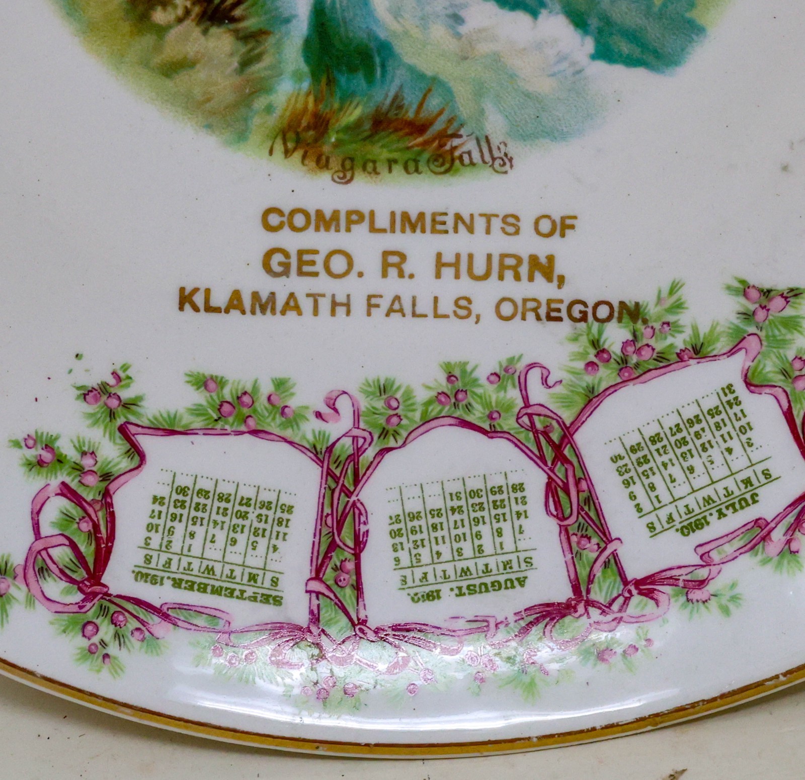 Antique 1910 Advertising Calendar Plate Klamath Falls Oregon Geo. Hurn Niagara