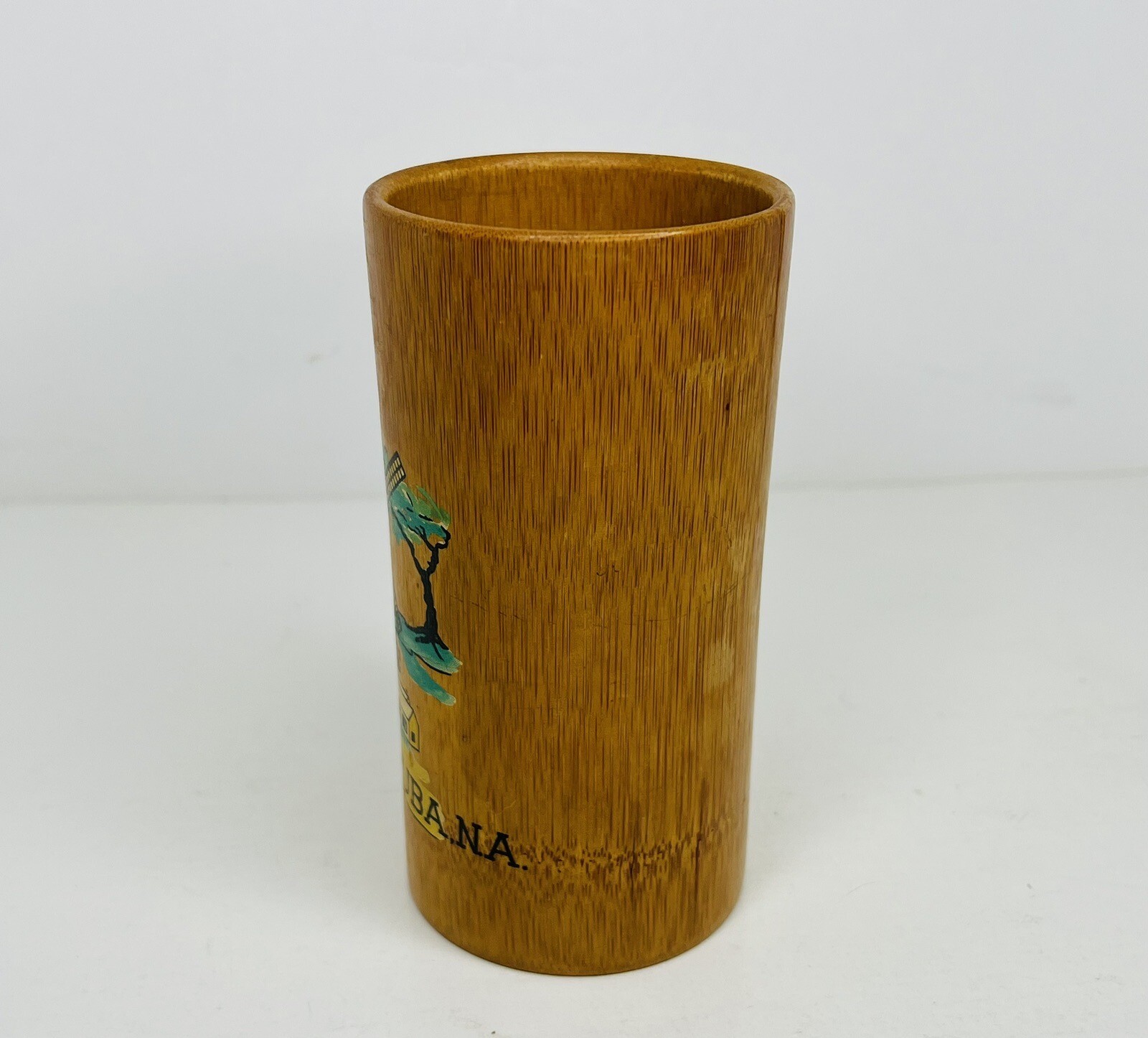 Vtg Bamboo Wood Cup Aruba, N.A. Windmill Tiki Bar Utensil Pen Holder 5.5″Tall