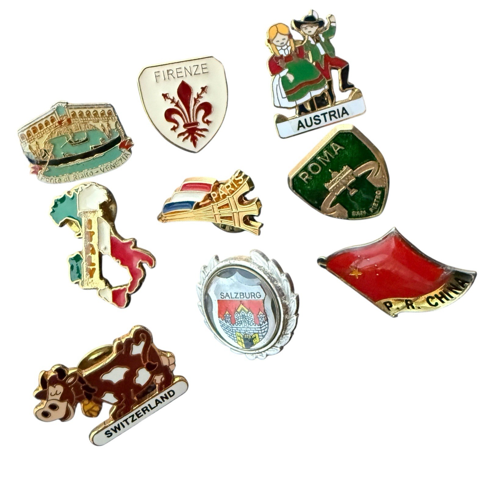 Vintage Souvenir Lapel Pins Lot Of 9 Austria Switzerland Roma Italy Salzburg