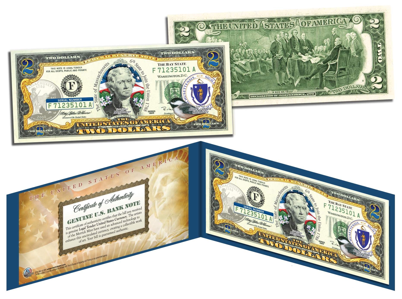 MASSACHUSETTS State Two-Dollar U.S. $2 Bill in deluxe blue folio