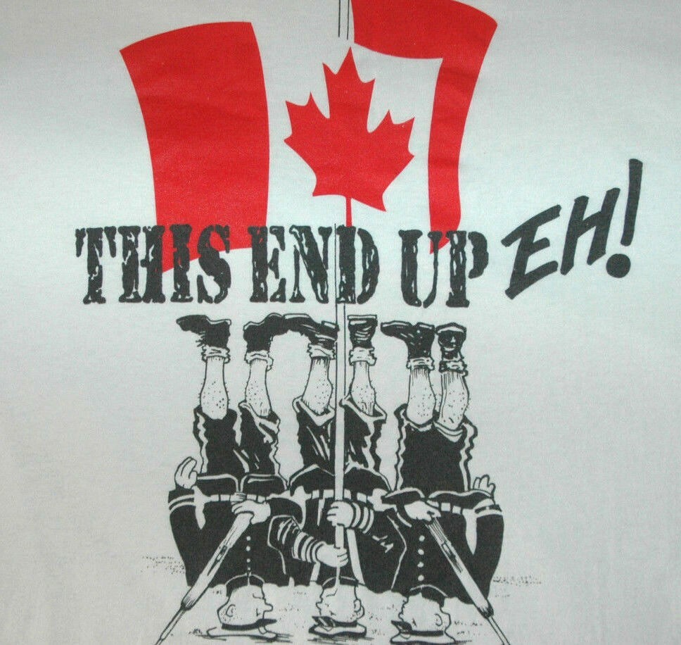 Vtg CANADIAN EH! T Shirt RARE Funny JOKE Canada GUARD Military FLAG Tee RETRO