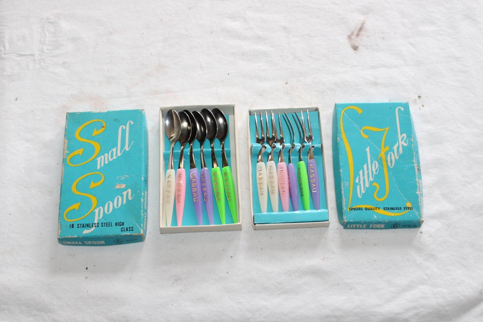 NOS Vtg Nassau Bahamas 6 Souvenir Little Canopy Forks & Spoons Stainless Steel