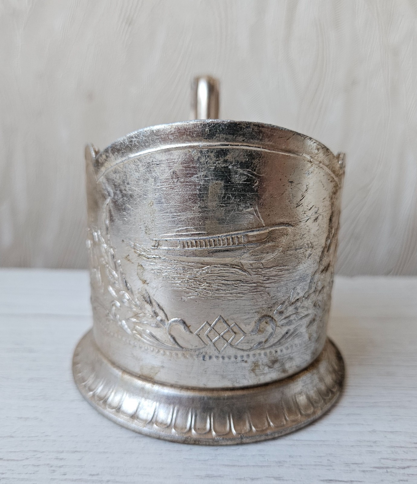 Vintage Russian Tea Glass Cup Holder Podstakannik Motorship Soviet Union