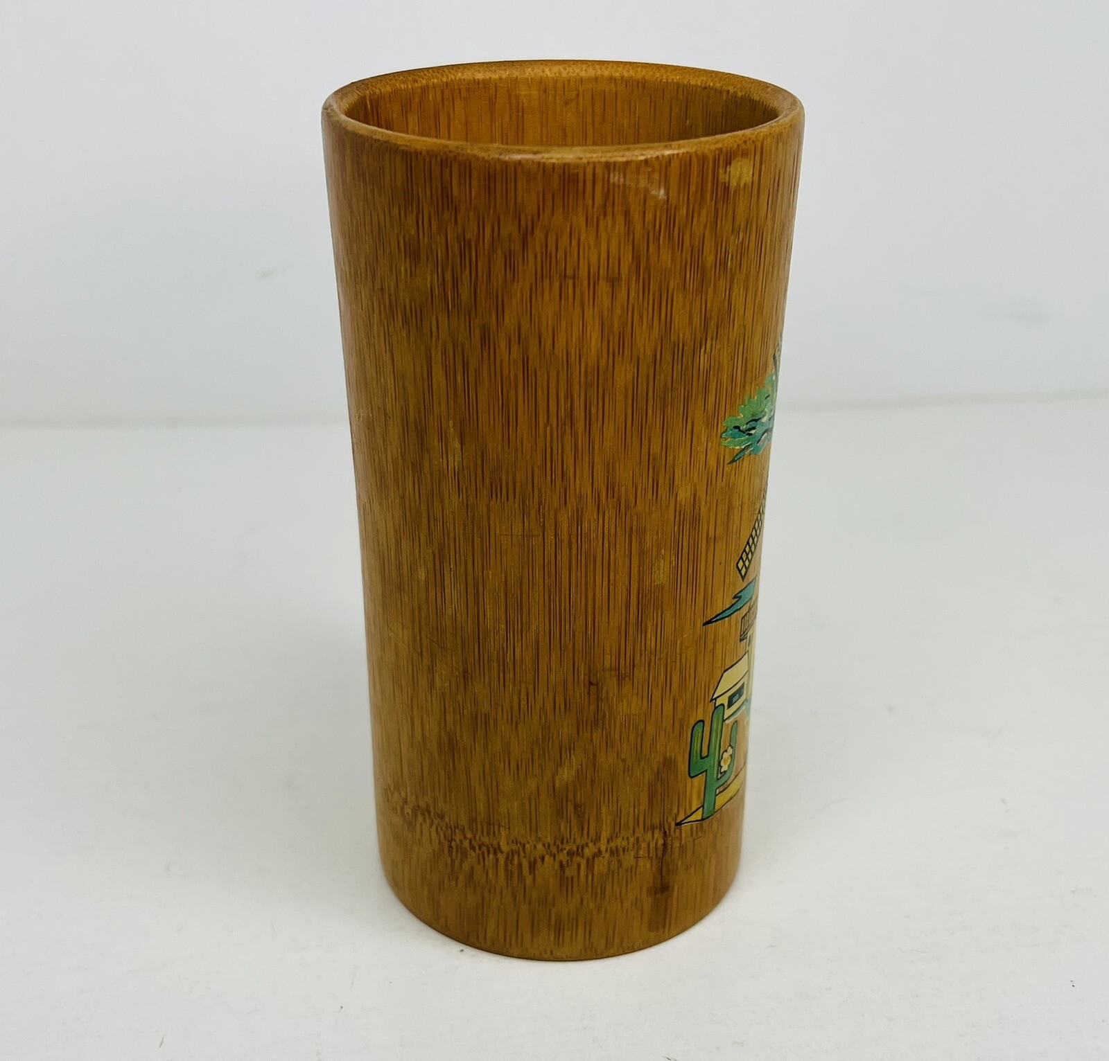 Vtg Bamboo Wood Cup Aruba, N.A. Windmill Tiki Bar Utensil Pen Holder 5.5″Tall