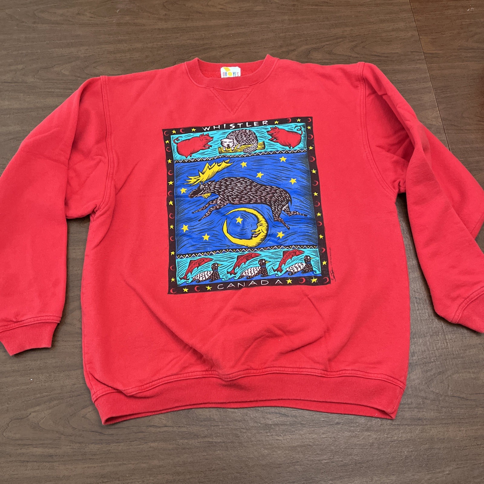 VTG 90’s Oh Yes medium Pullover Whistler Canada Moose, Beaver,Moon, Susan Todd