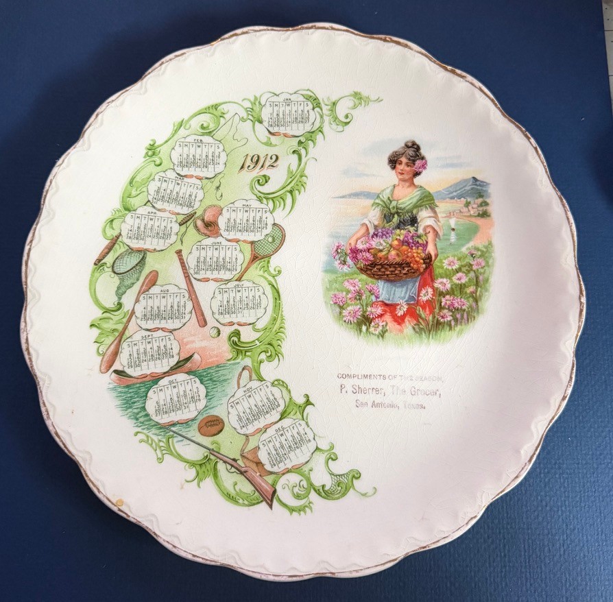 Antique 1912 San Antonio Texas Advertising Calendar Plate – P. Sherrer, Grocer