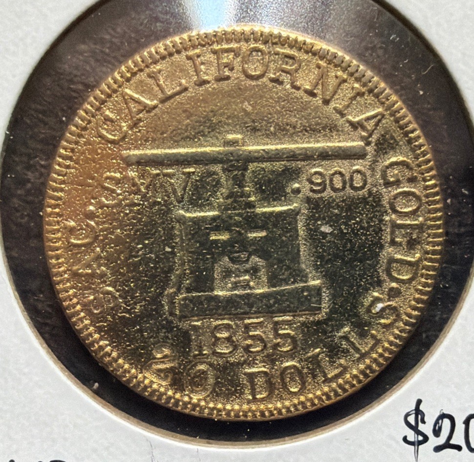 1855 BLAKE & CO ASSAYERS~SACRAMENTO , CALIFORNIA 20 DOLLARS TOKEN-31MM