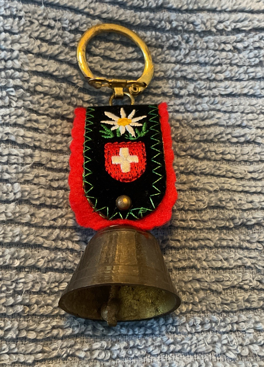Vintage Swiss Switzerland Bell Keychain Souvenir Embroidered Heart Floral Gift