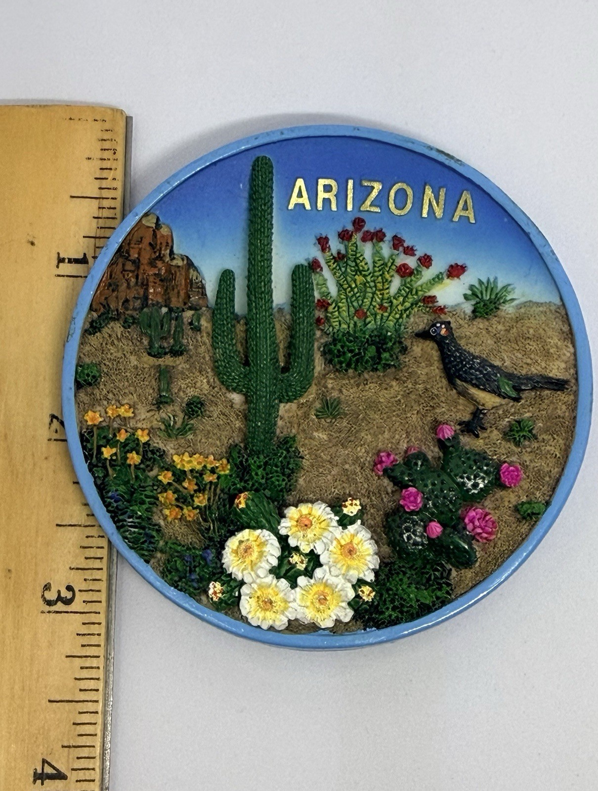 VTG 2000 Arizona Souvenir Plate 3D Resin SNCO Roadrunner Cactus 4″ Display