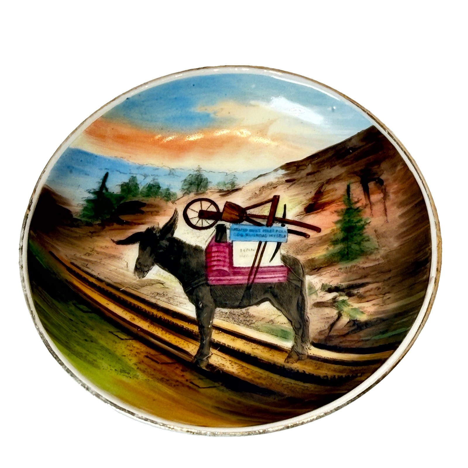 COLORADO SPRINGS CO Antique Souvenir Donkey Gold Rush Dresden TRINKET Dish