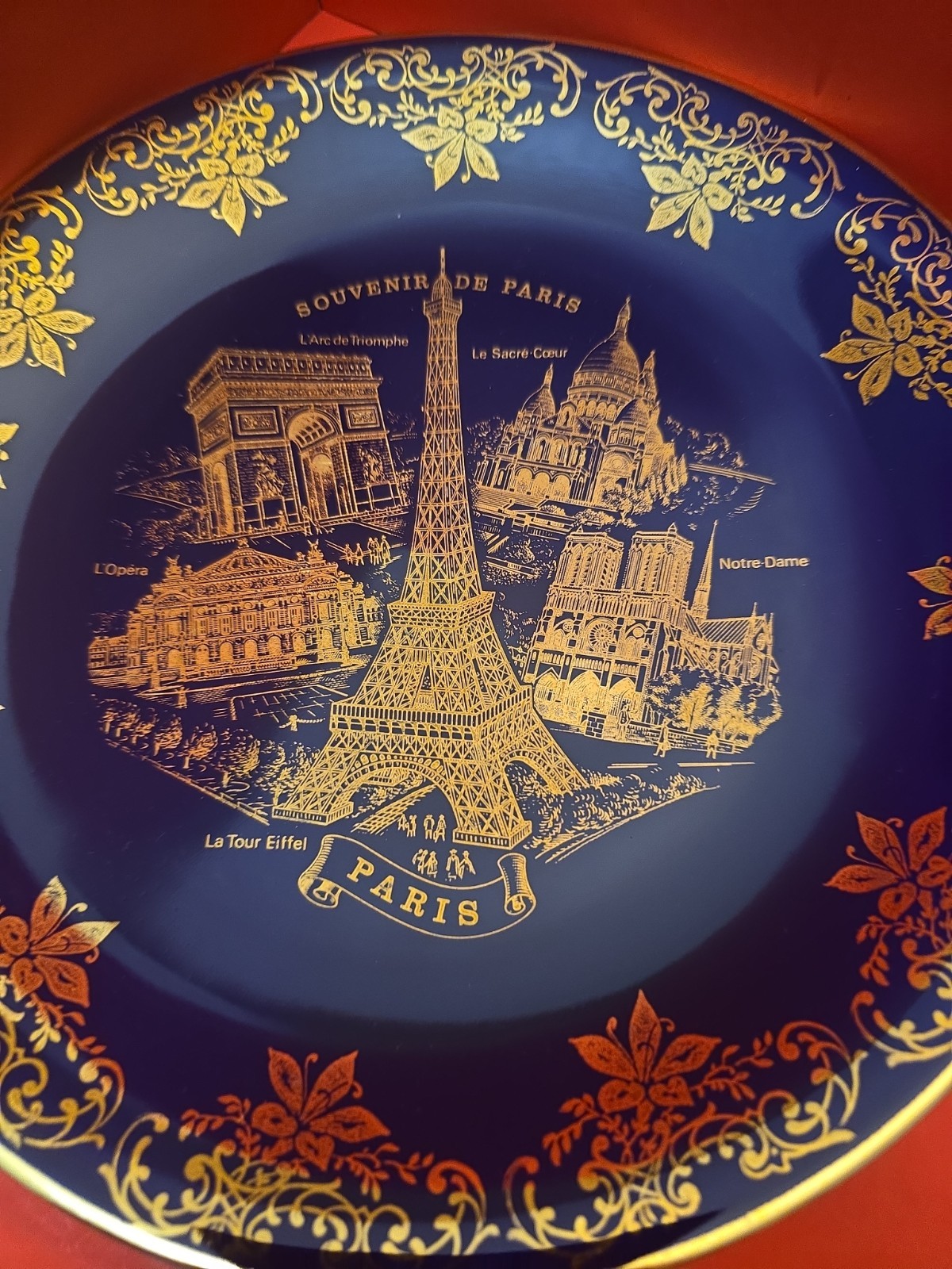 Limoges France Cobalt Blue/Gold Porcelain Plate SOUVENIR DE PARIS 9in.