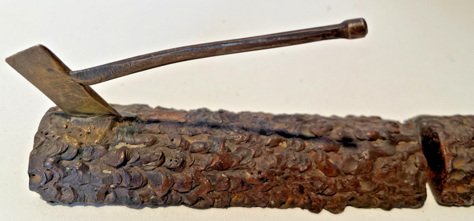Vintage Heavy Metal Axes In Logs Souvenir /Paperweight Lot of 2