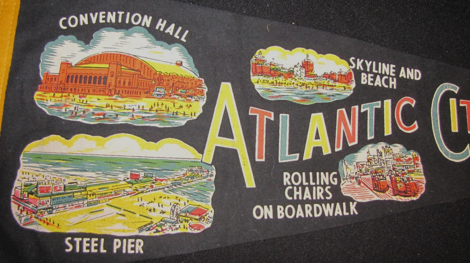 Atlantic City New Jersey vintage felt pennant w/Steel Pier, Beach, etc. 27″x 9″