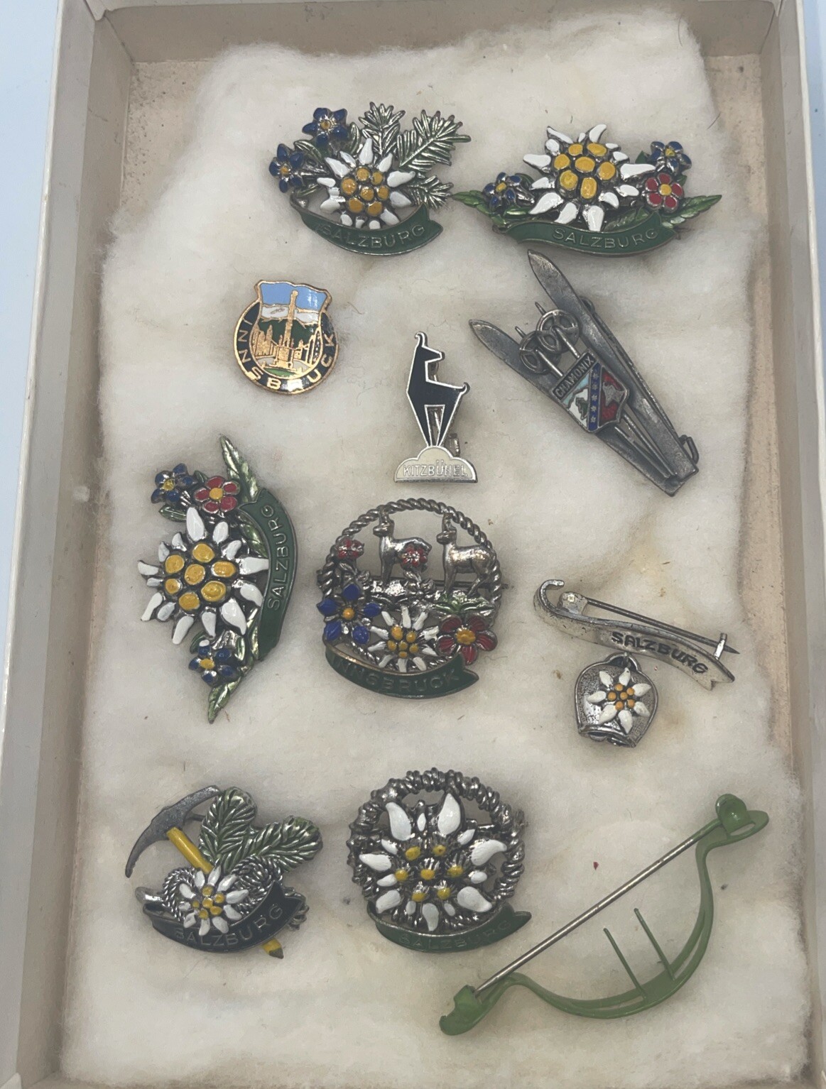 Vintage Lot of Souvenir Pins from Salzburg, Kitzbuhel, Innesbruck and Champonix.