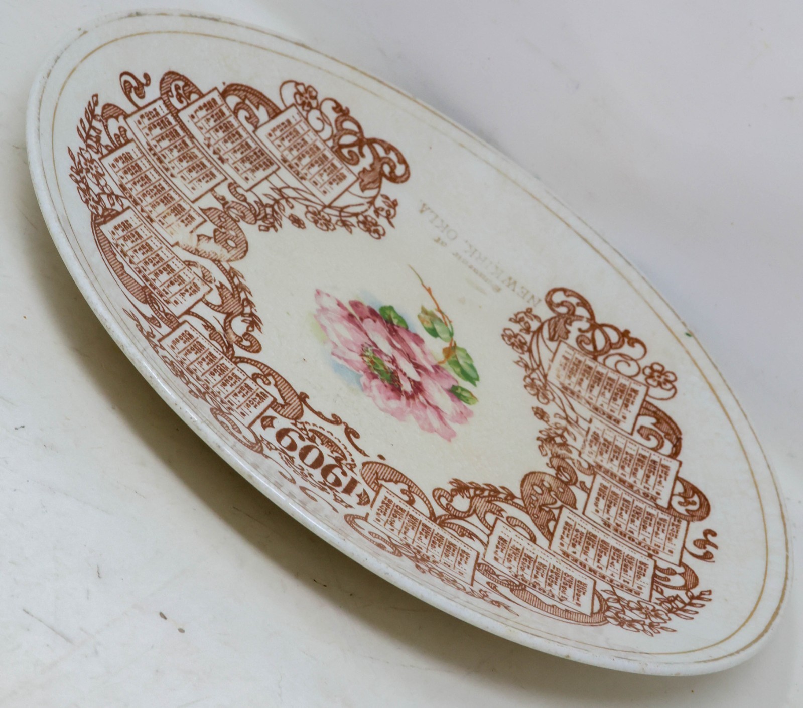 Antique 1909 Souvenir Calendar Plate Newkirk Oklahoma Pink Rose American ChinaCo