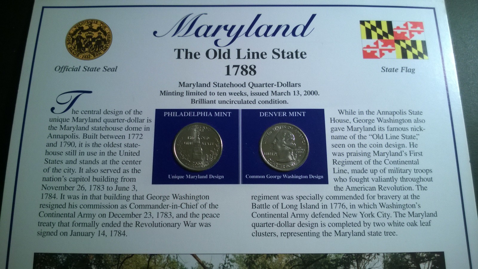 MARYLAND – THE OLD LINE STATE – DOUBLE SIDED PANEL WITH UNCIRCULATED COINS