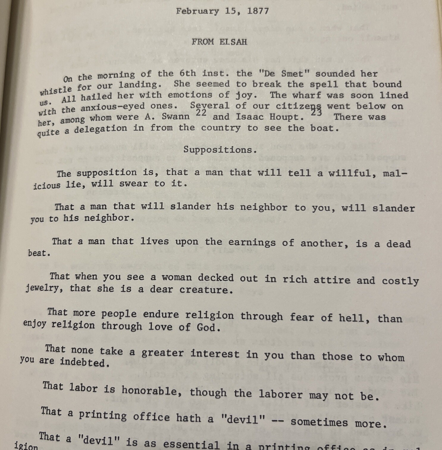 Jeremiah’s Elsah, Museum Copy Of 1977 Pamphlet Of 1870s Newspaper Columns, Samek