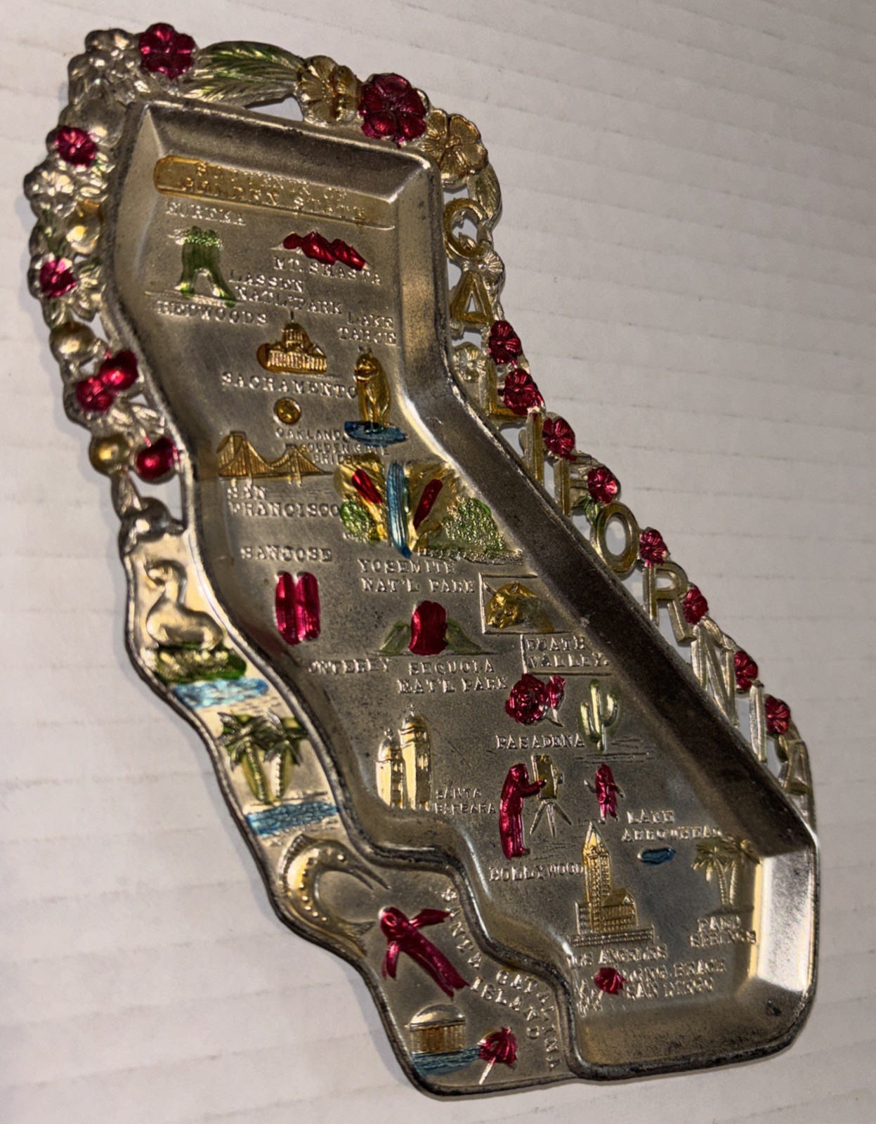 Vintage California State Map Small Metal Souvenir Tray Japan made Kitsch MCM