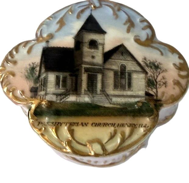 Early 1900s Henry Illinois Presbyterian Church Souvenir Trinket Box Lid Wheelock