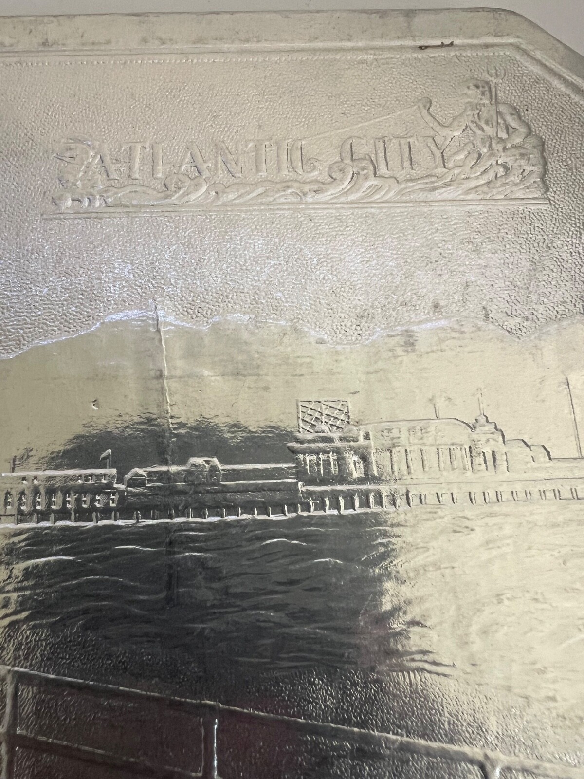 VINTAGE ATLANTIC CITY 1930’s STEEL PIER BOARDWALK EMBOSSED SILVER FOIL TRIVET