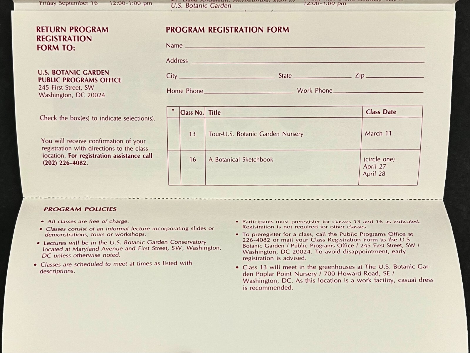 1988-1989 United States Botanic Garden Horticultural Classes DC Vintage Brochure