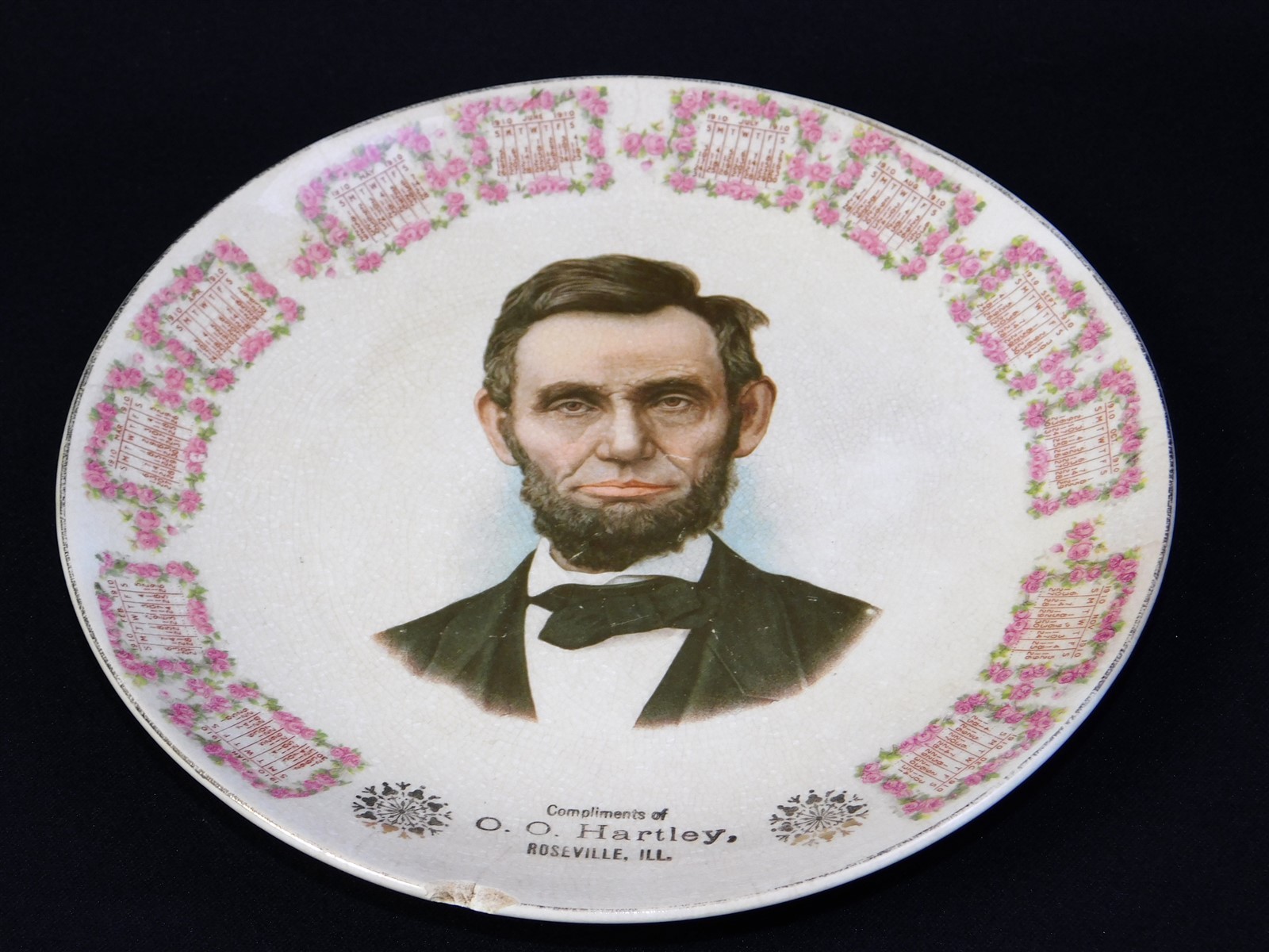 Antique 1910 O. O. Hartley Roseville IL Calendar Advertising Plate Abe Lincoln