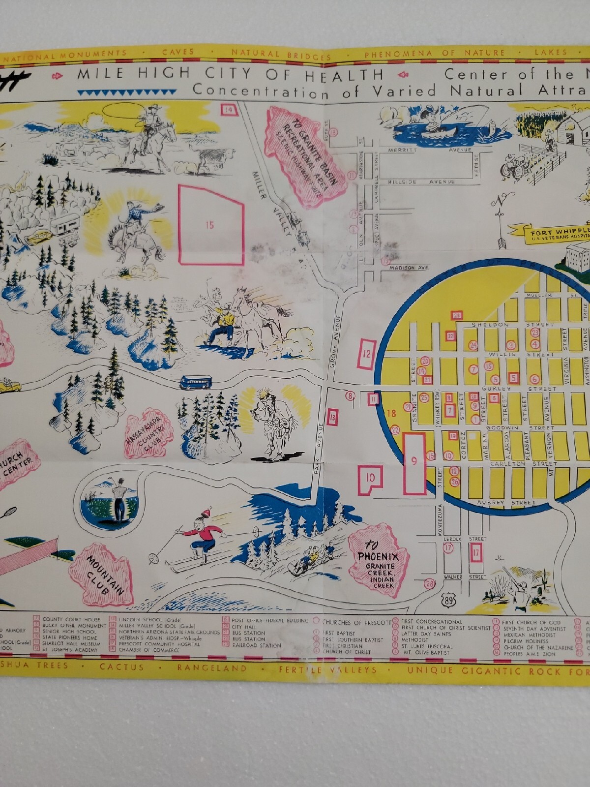Vintage Cartoon Syle Pictoral Map Brochure Prescott Arizona Yavapai County 1950s