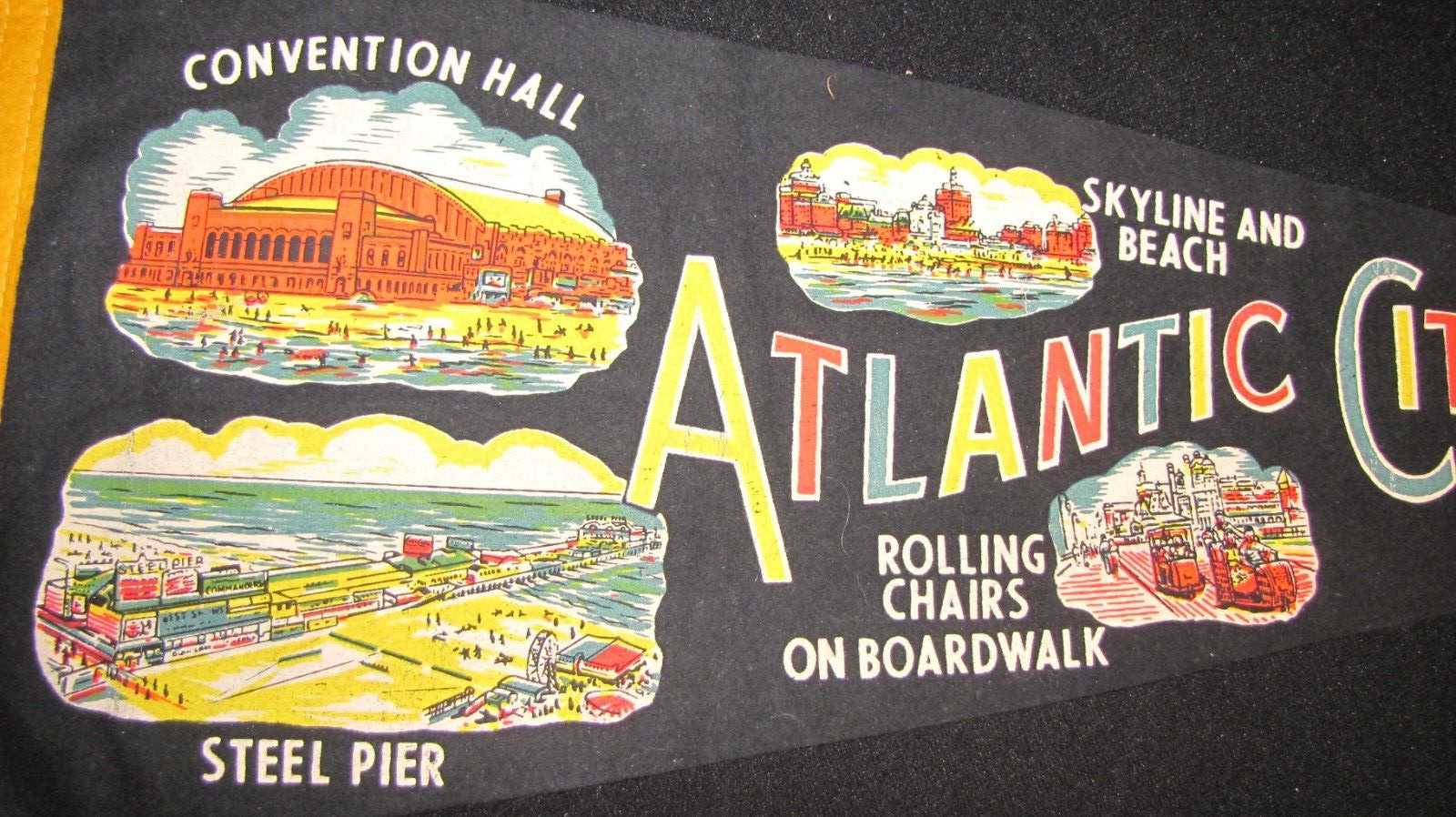 Atlantic City New Jersey vintage felt pennant w/Steel Pier, Beach, etc. 27″x 9″