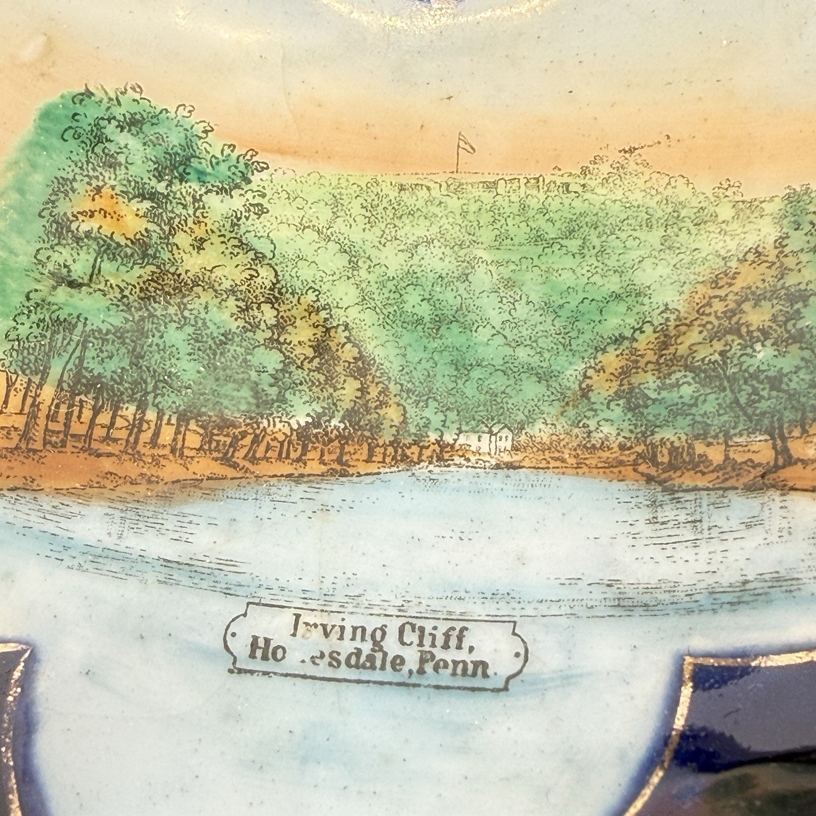 HONESDALE Pennsylvania PA Antique IRVING CLIFF Souvenir COBALT CHINA TRINKET