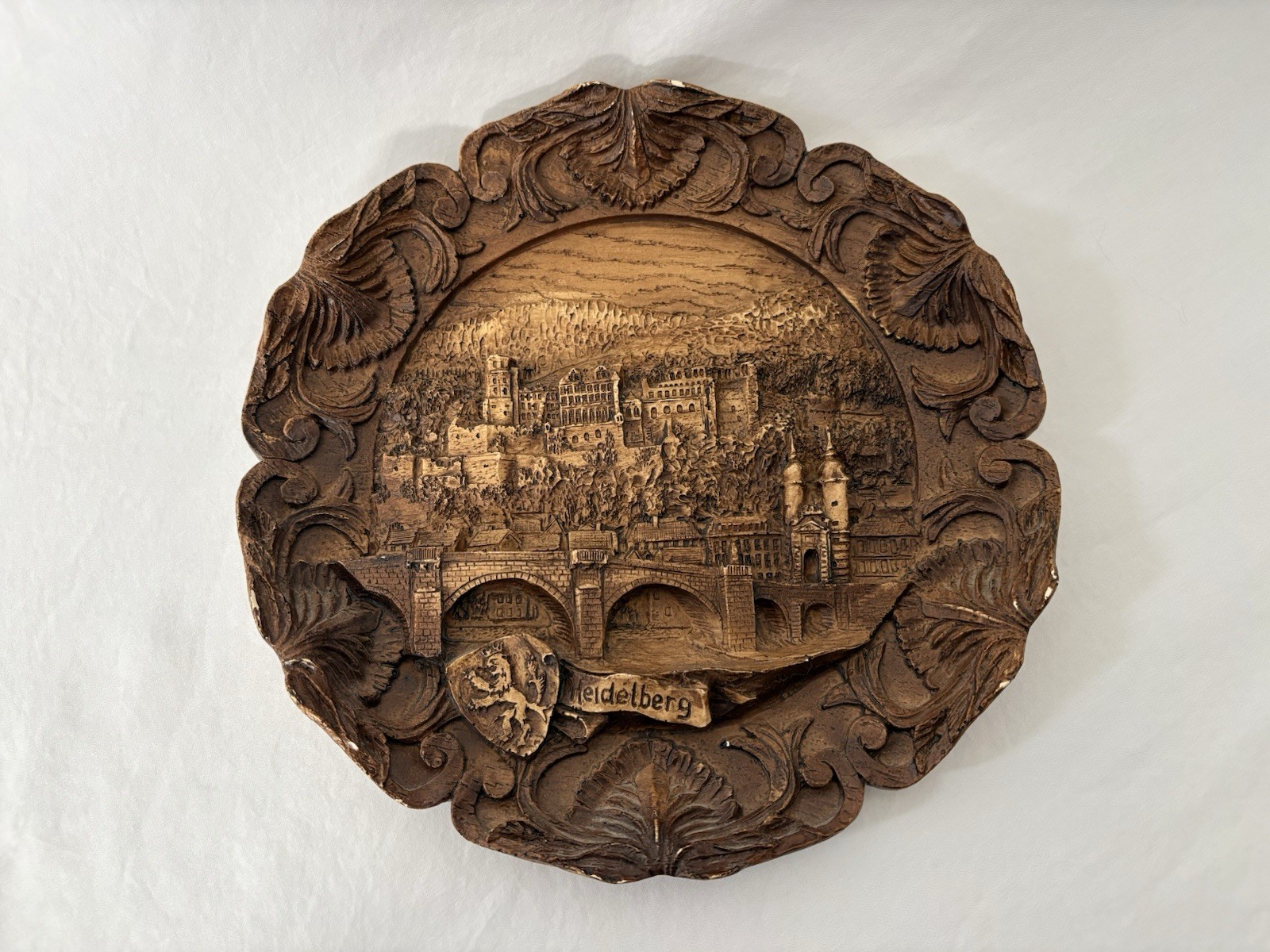 Vintage German Wooden (Hand Carved) 3D Wall Plate “City Of Heidelberg” Germany