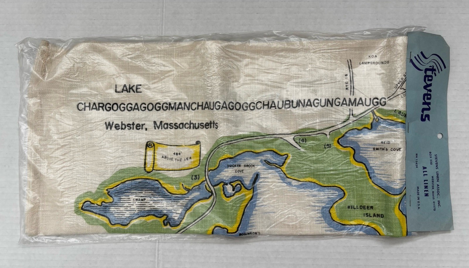 VNTG NIP Webster Massachusetts 16”x32″* Tea Towel Map Lake Chargoggagoggmanchaug