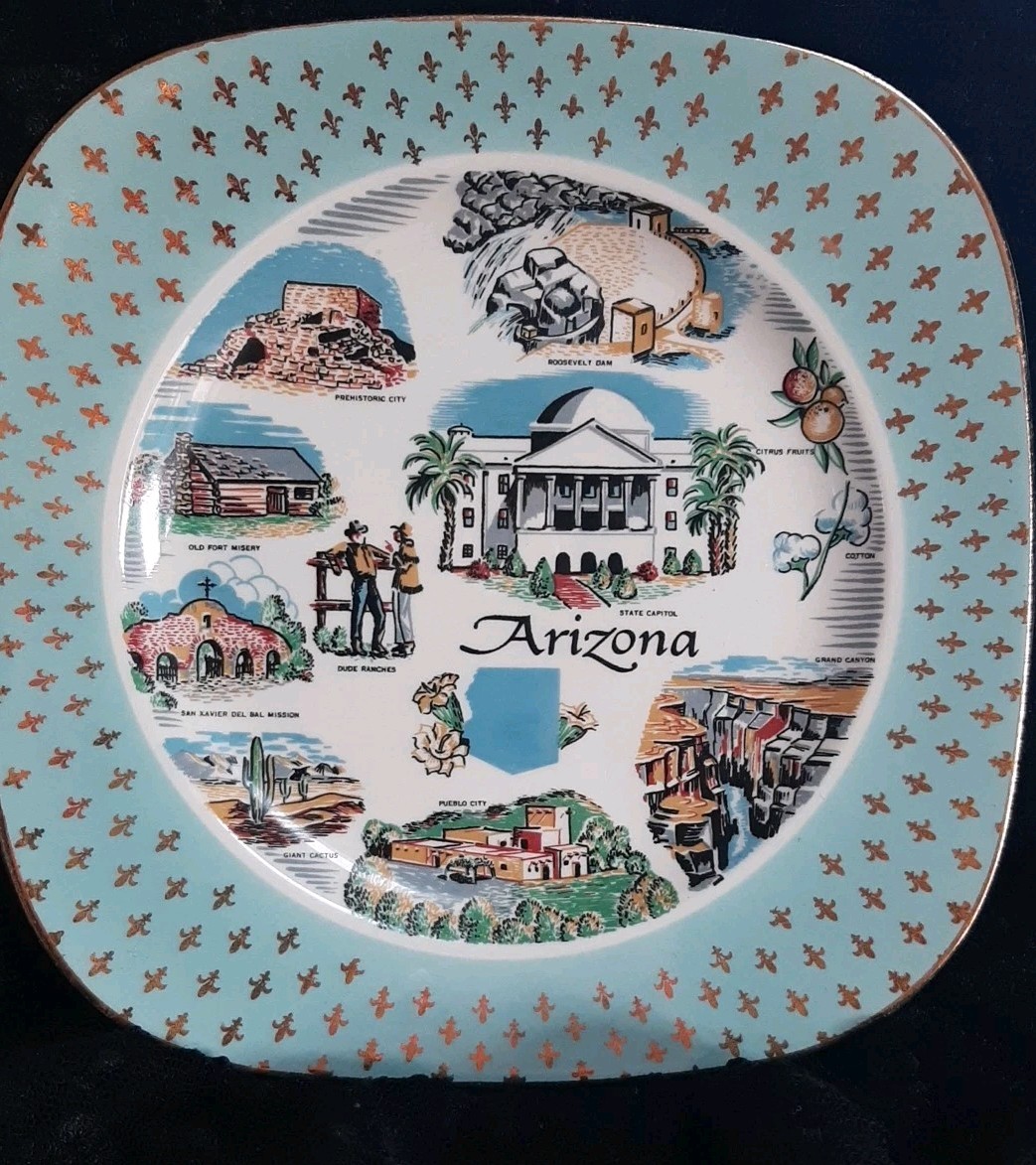 Vtg MCM Mid Century State of Arizona Collectible Square Souvenir Plate Teal
