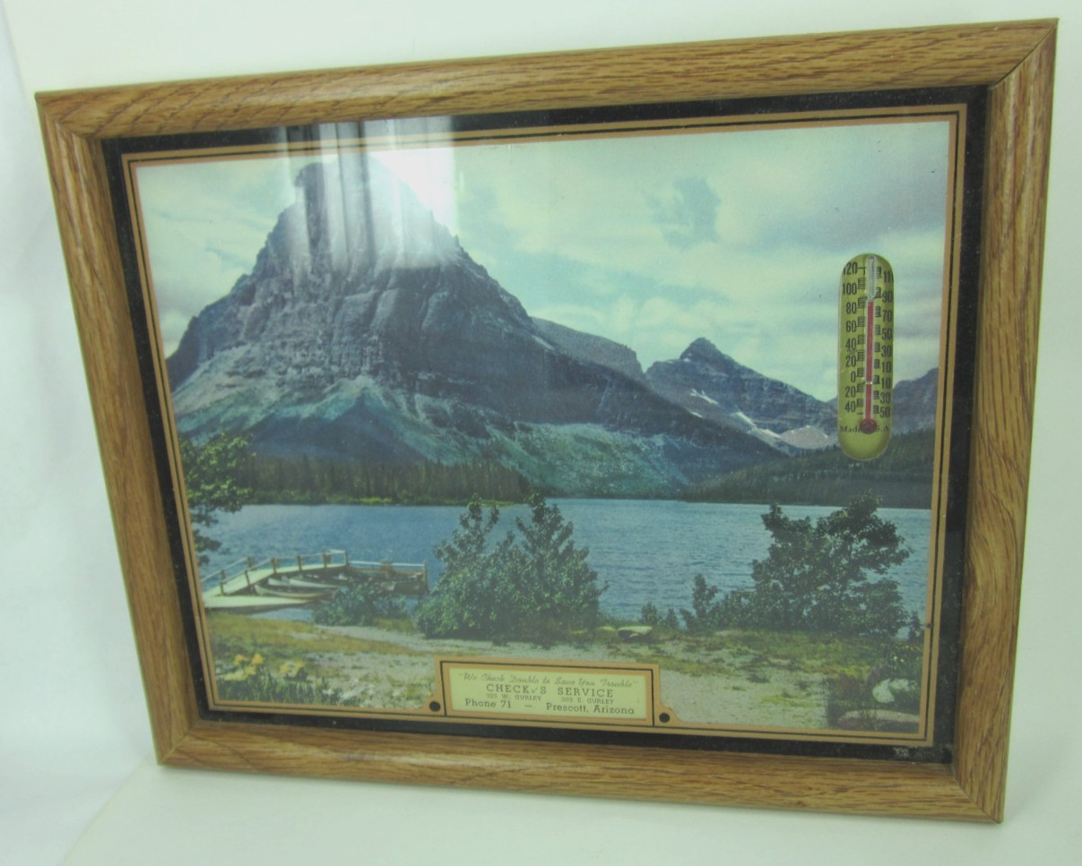 1950s Glass sign CHECK’S SERVICE Gurley St Phone 71 PRESCOTT ARIZONA THERMOMETER
