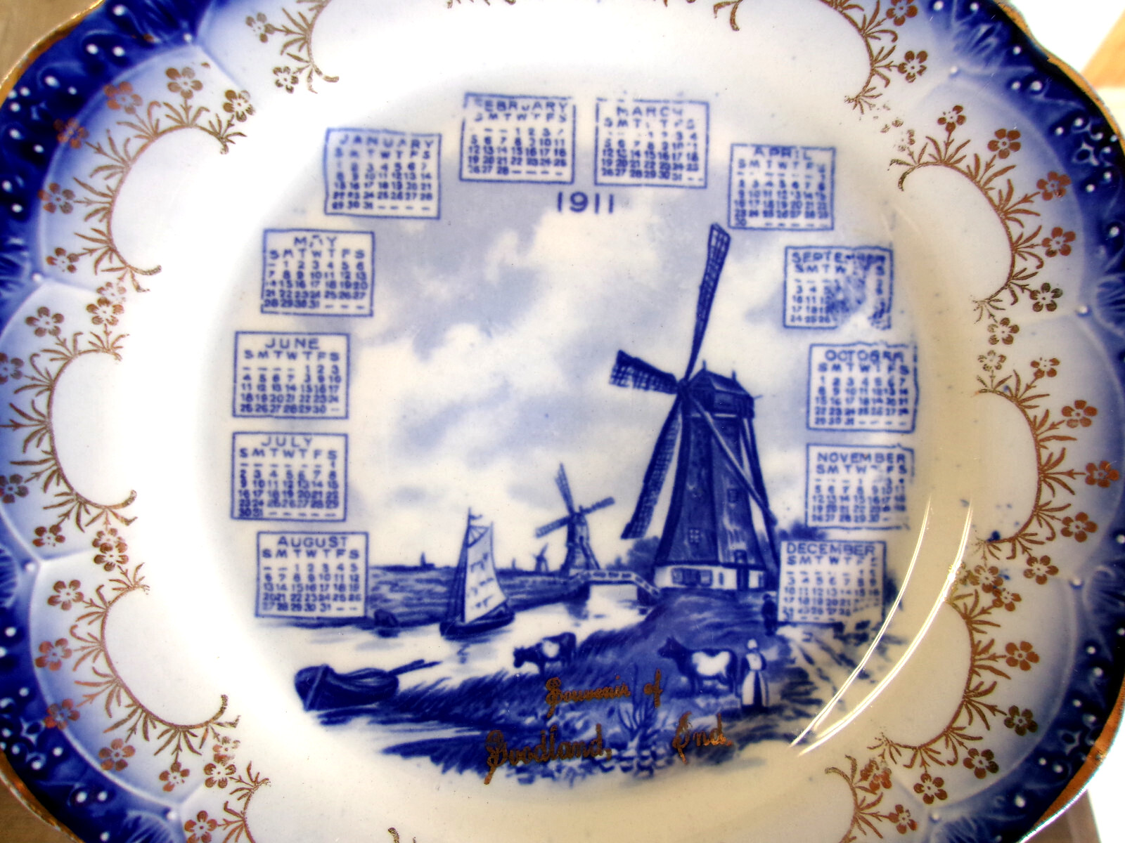 Souvenir 1911 Porcelain Antique Calendar Plate Goodland Indiana Windmill Scene