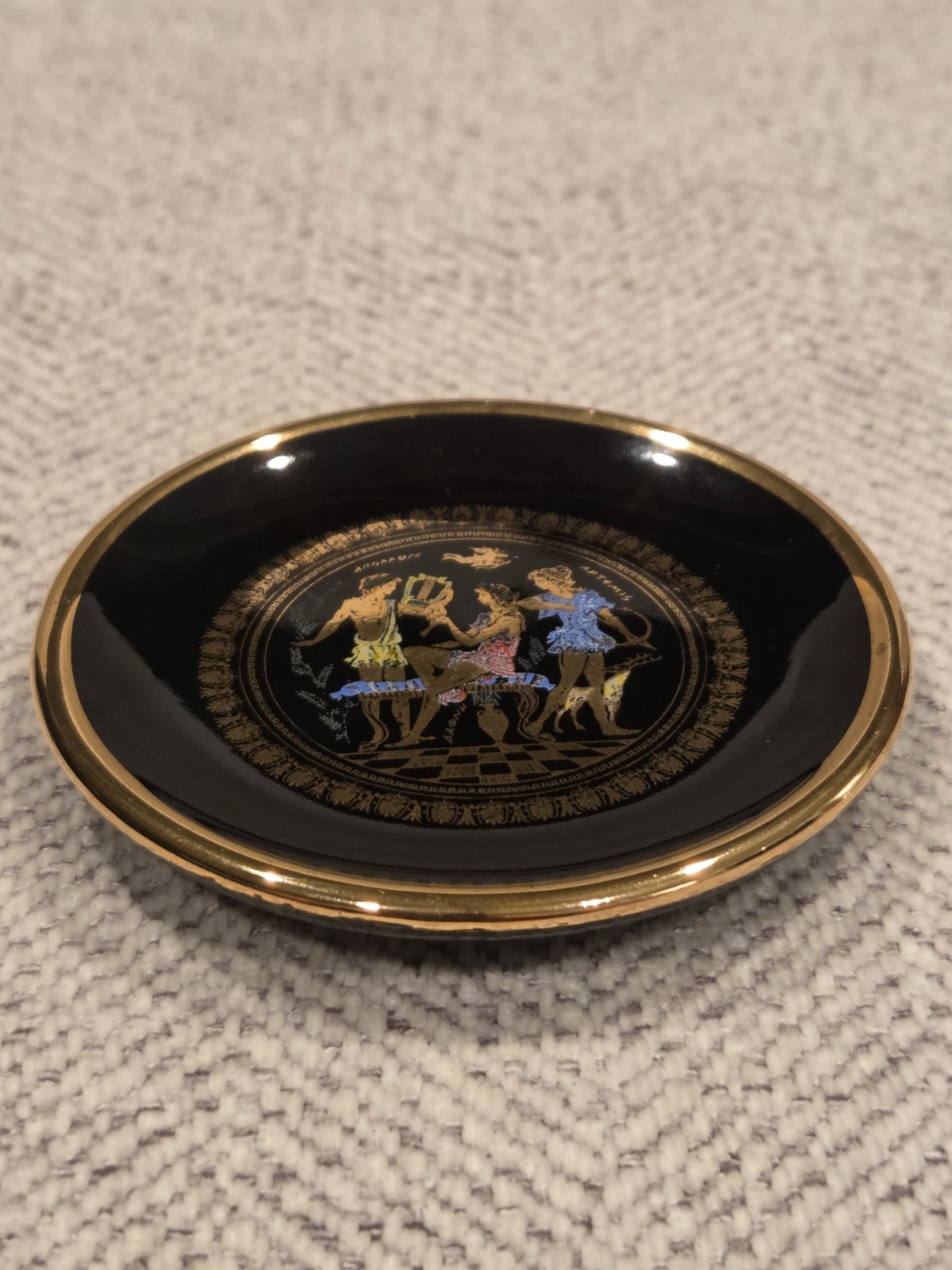 Trinket Dish Hand Made In Greece 24K Gold Rim & Pattern 3″ Vintage 1957