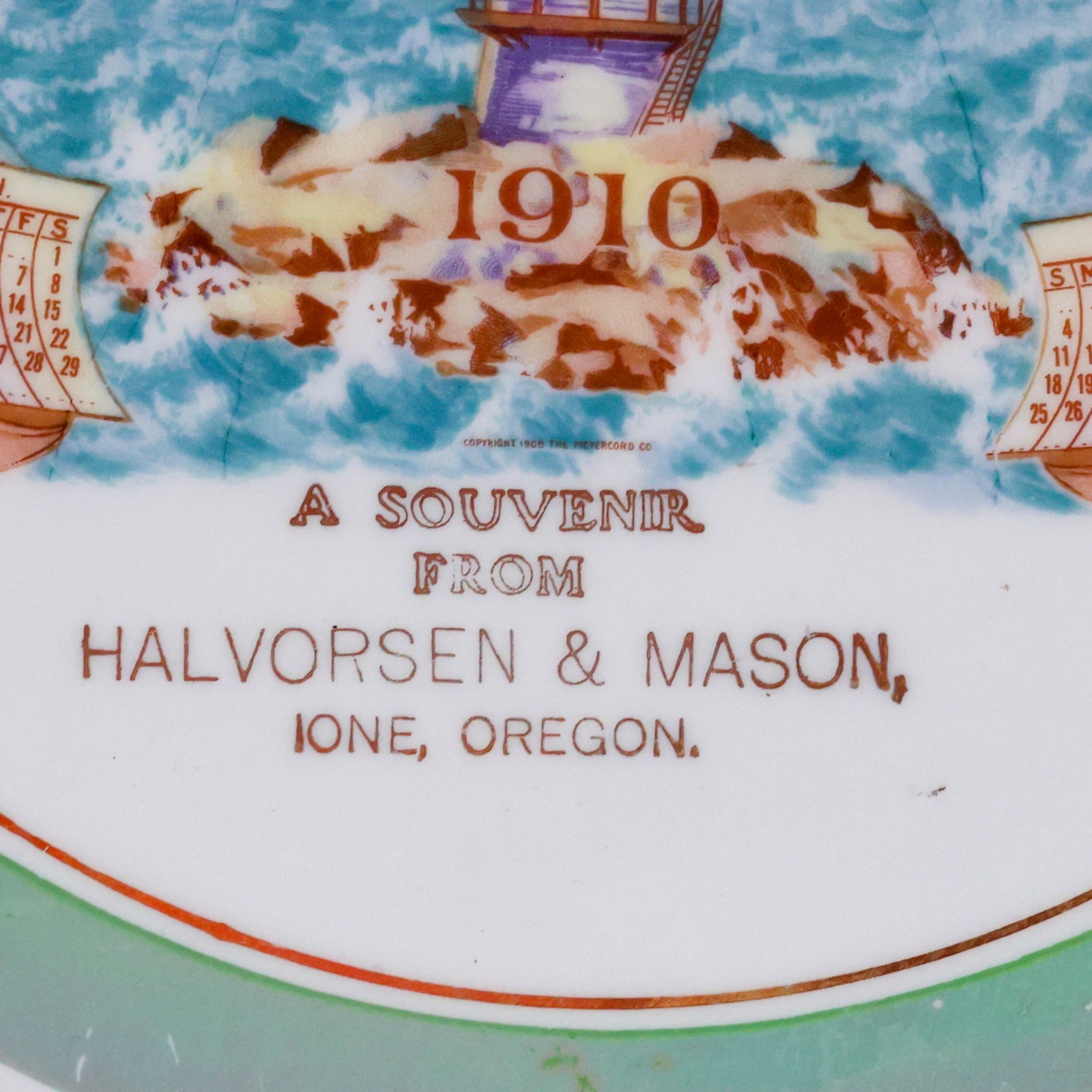 Antique 1910 Advertising Calendar Plate Ione Oregon Lighthouse Halvorsen & Mason