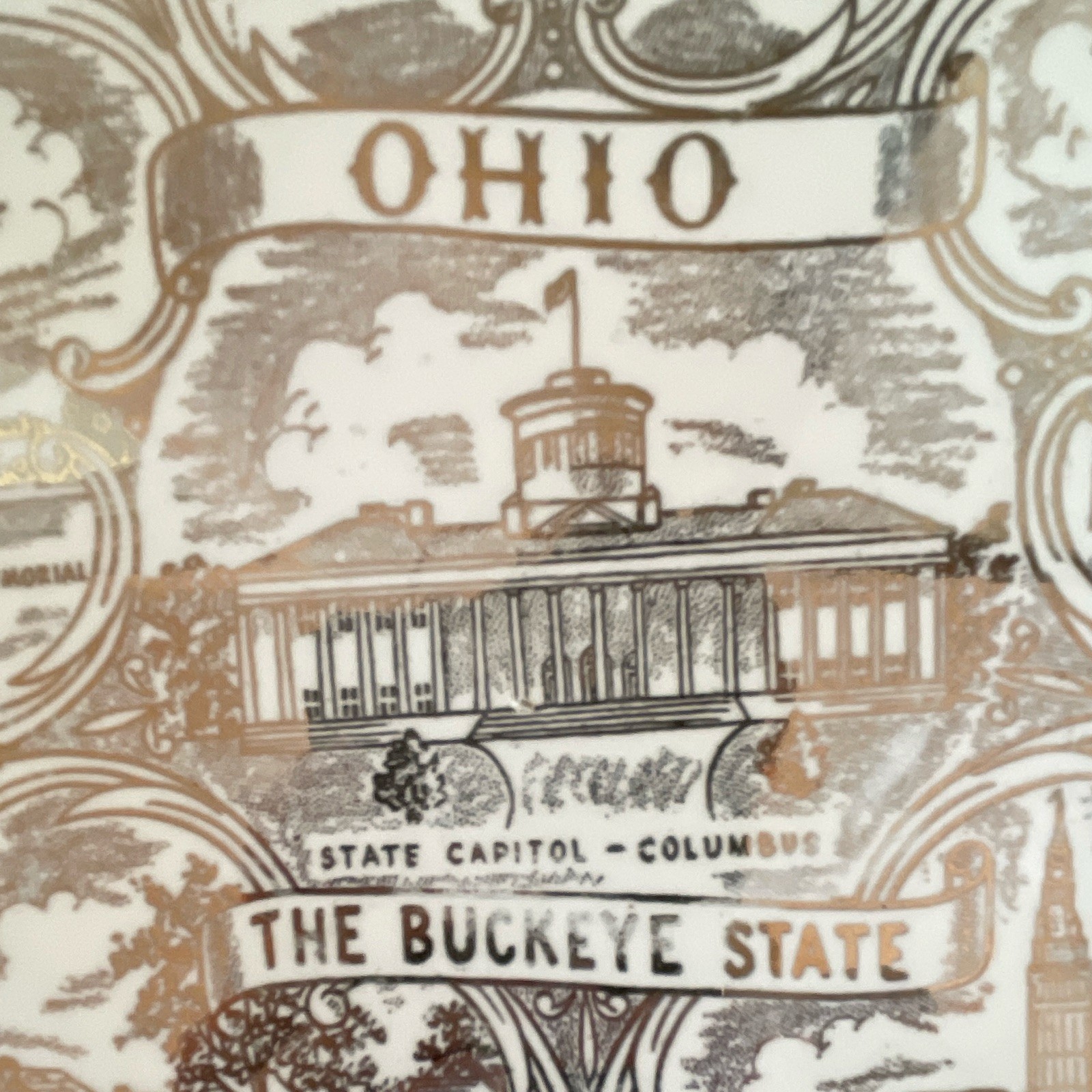 Gold Ohio “The Buckeye State” Souvenir Plate with State Landmark Scenes