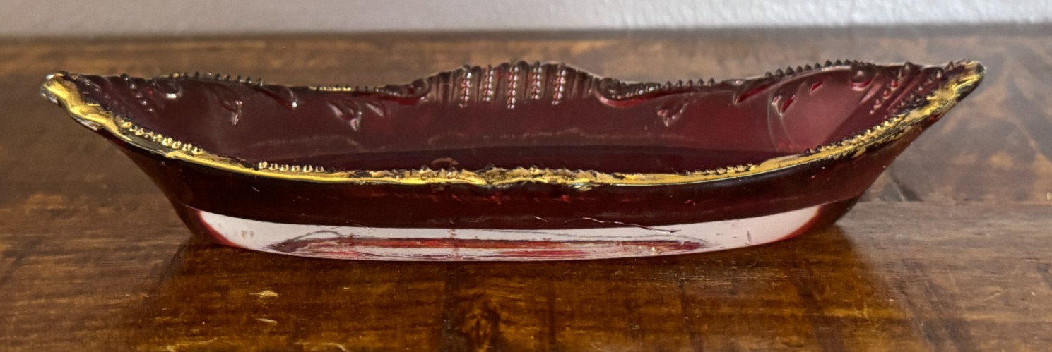 Antique Ruby Red Glass Trinket Dish w Gold Trim Souvenir VIRGINIA M 6×2.5×1″