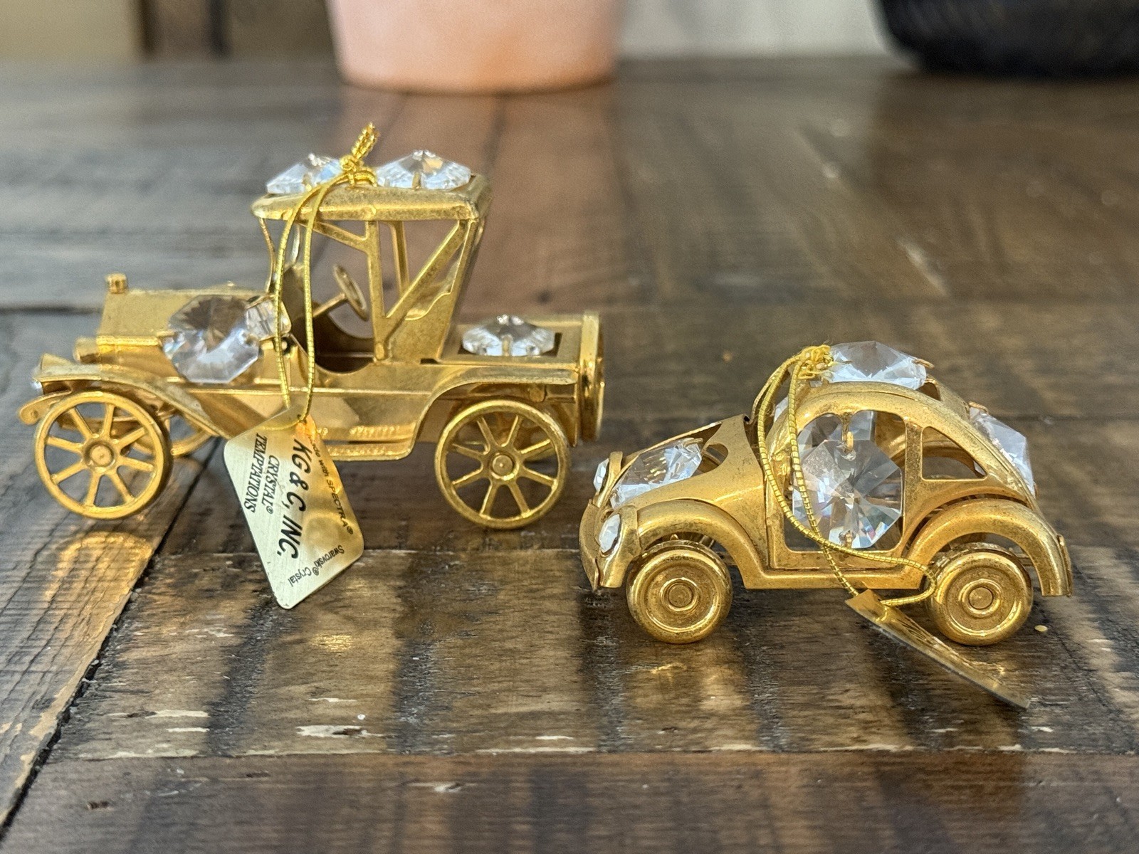 Vintage Ford Model T Car , VW Bug Car Set w/ Swarovski Crystals 24k Gold plated