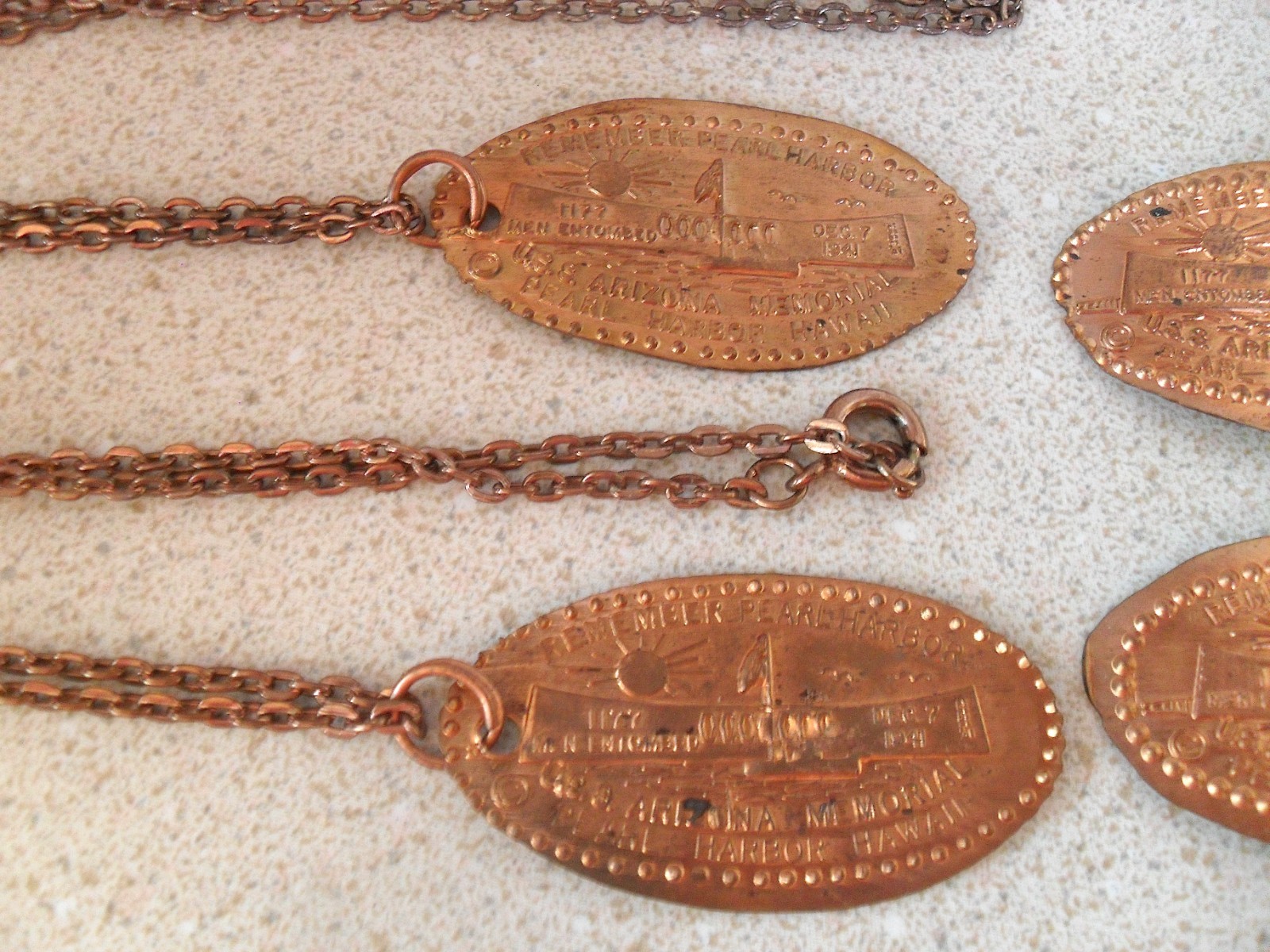 Remember Pearl Harbor U.S.S. Arizona Souvenir Press Penny Necklaces + Extra