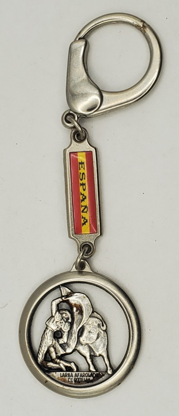 Vintage Two Sided Metal Toreador Spain Bull Fight Souvenir Keychain Key Ring