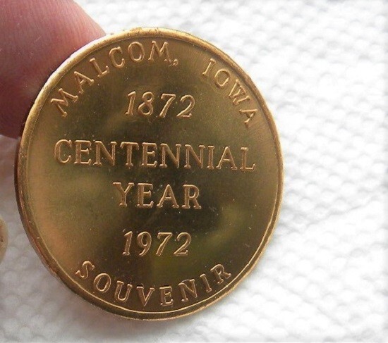 1872-1972 Malcom, Iowa IA Centennial Brass Medal, Souvenir Coin