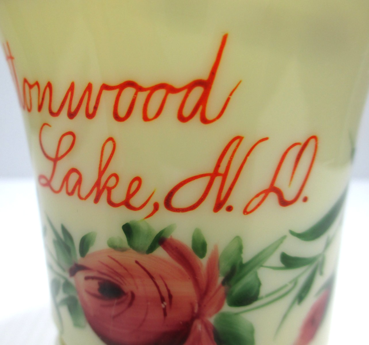 Antique Jefferson Custard Glass Souvenir Tumbler Cottonwood Lake ND Floral 4″ T