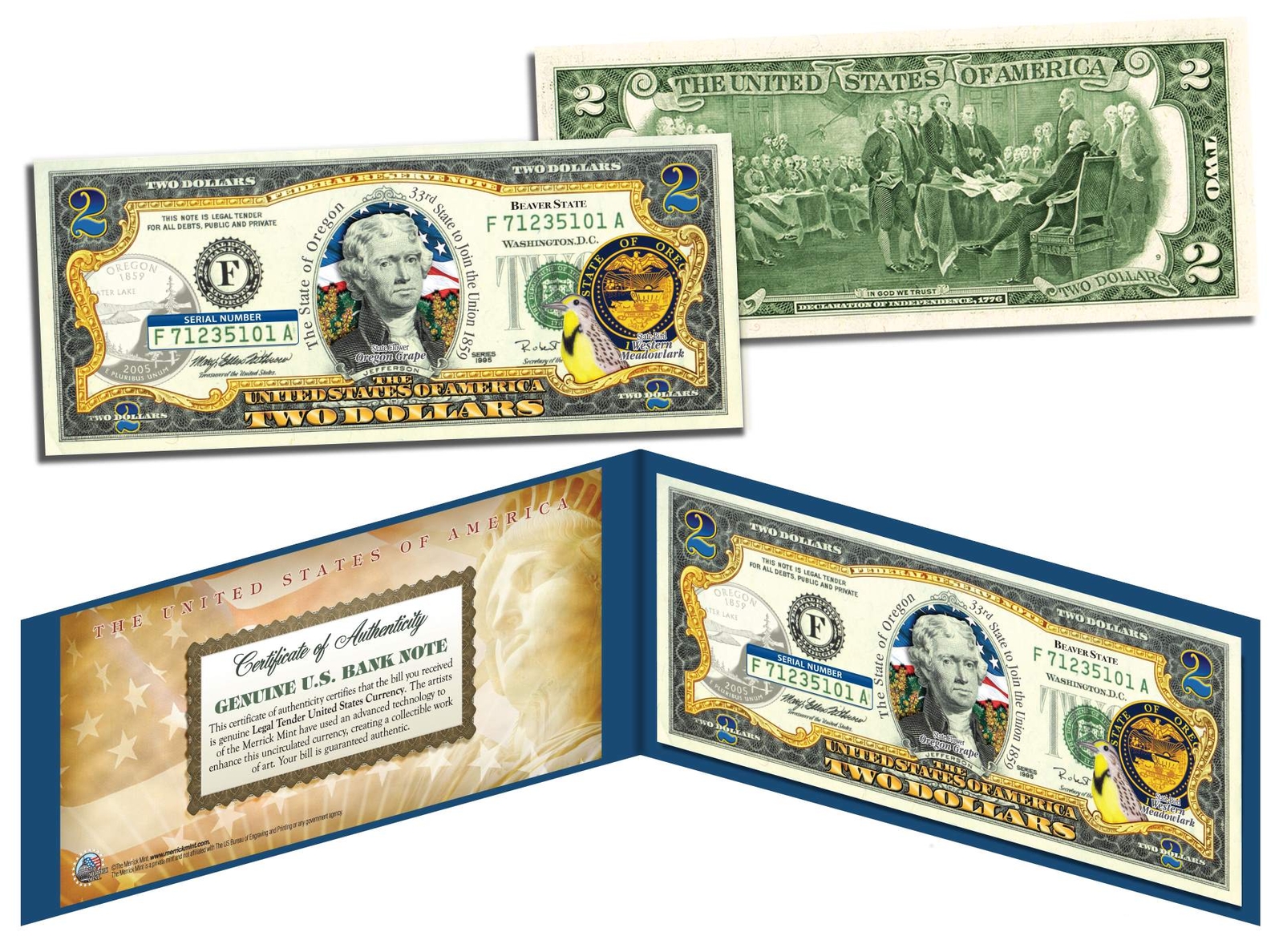 OREGON $2 Statehood OR State Two-Dollar U.S. Bill *Genuine Legal Tender* w/Folio